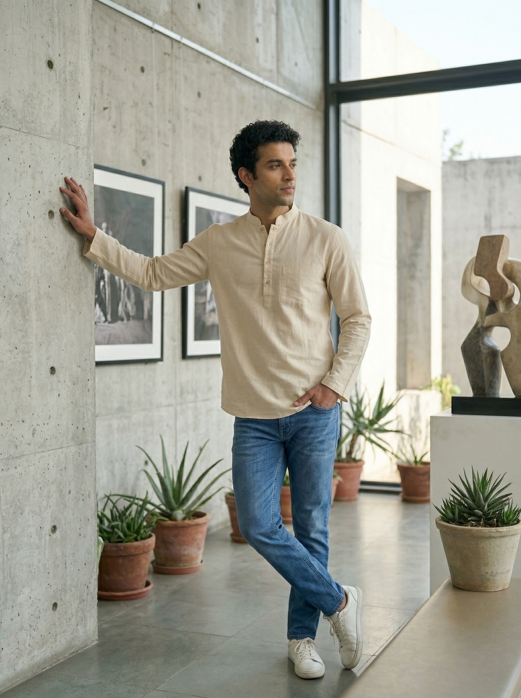 Mens Beige Khadi Pure Cotton Kurta